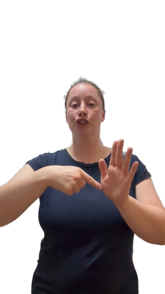 Gemma demonstrating BSL with both hands in a still captured at 0:30; the room background is removed.