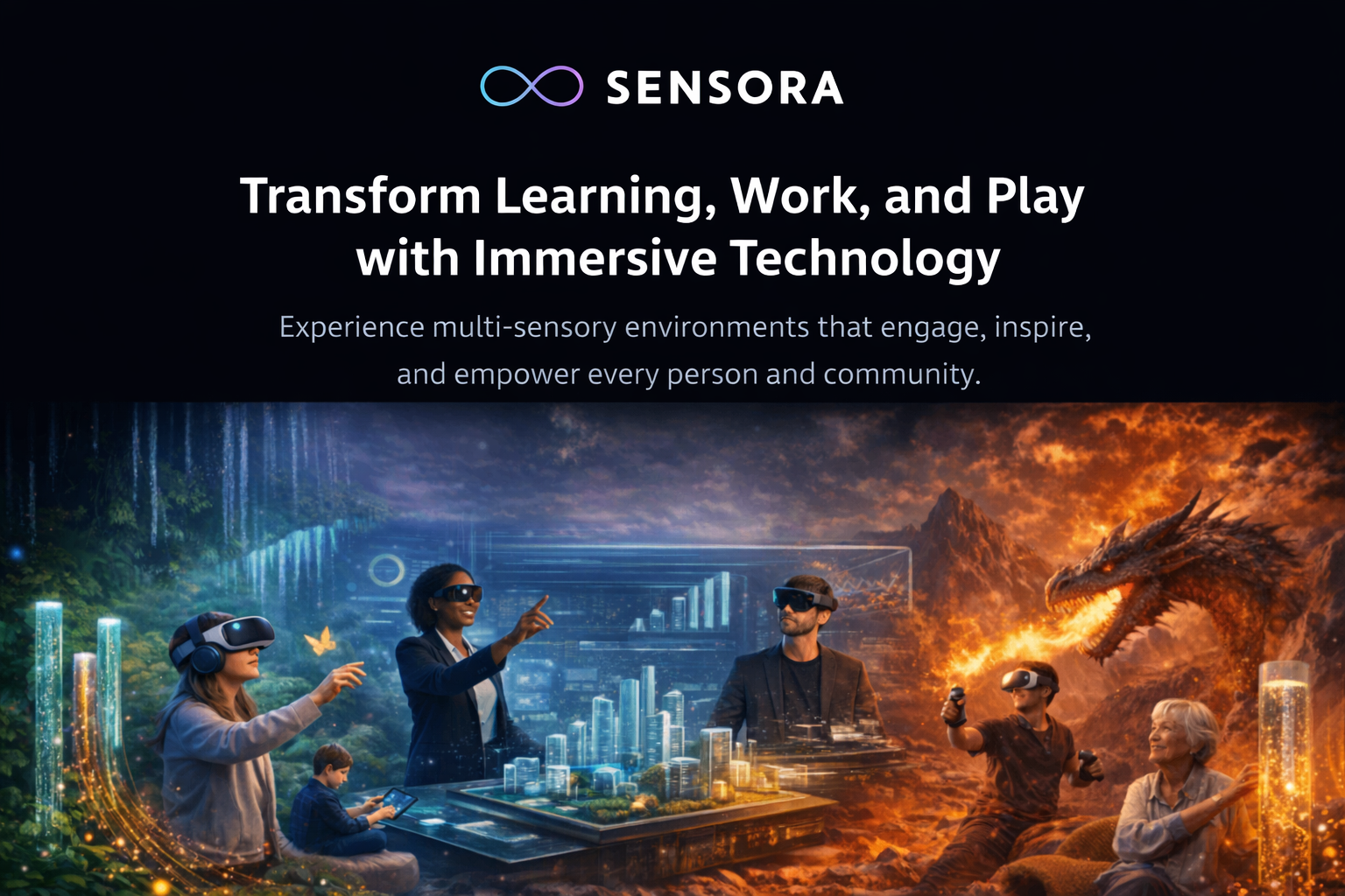 Illustration of people of all ages using immersive VR headsets and multisensory technology — learning, building cities, and playing together