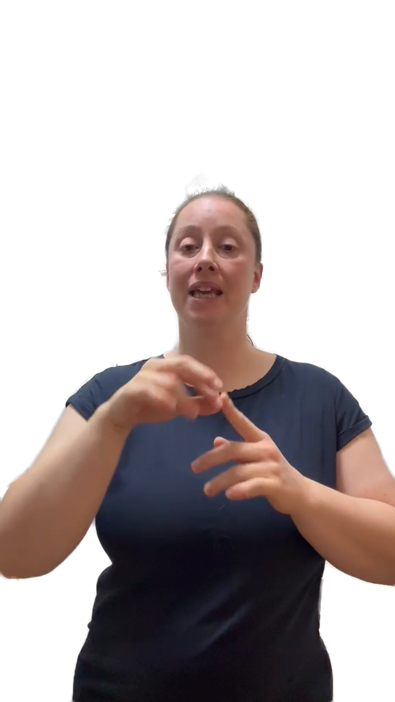 Gemma demonstrating BSL with both hands in a still captured at 0:50; the room background is removed.