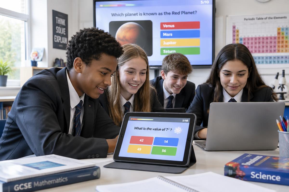 Secondary school pupils playing curriculum quiz games on a tablet and laptop