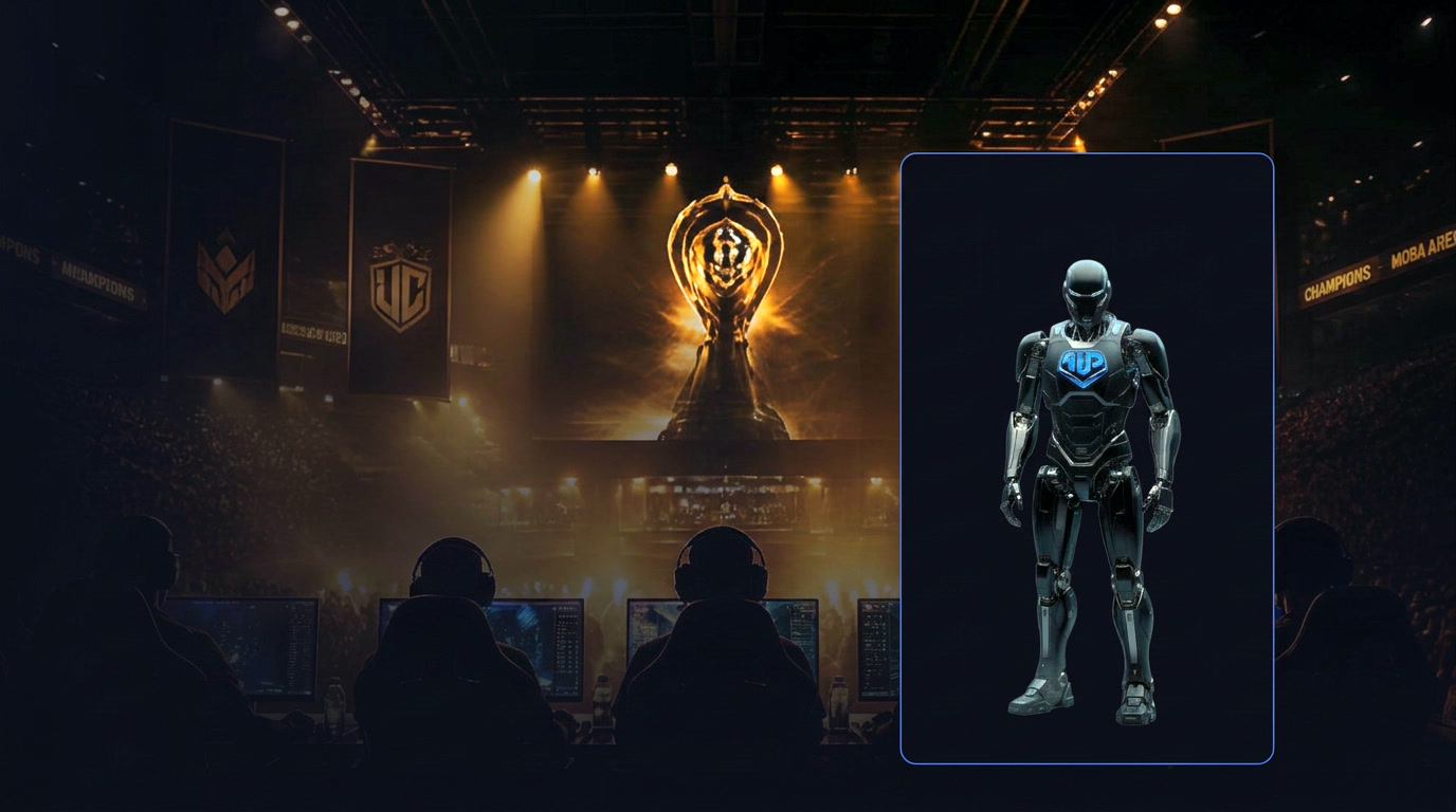 1UP ESPORTS arena with championship trophy and futuristic 1UP robot