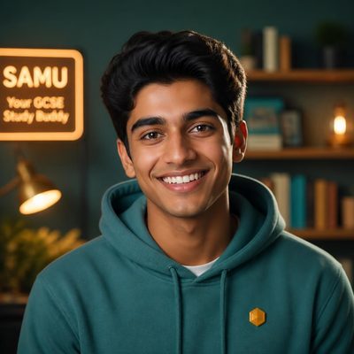SAMU avatar — bright student-mentor in teal and amber tones